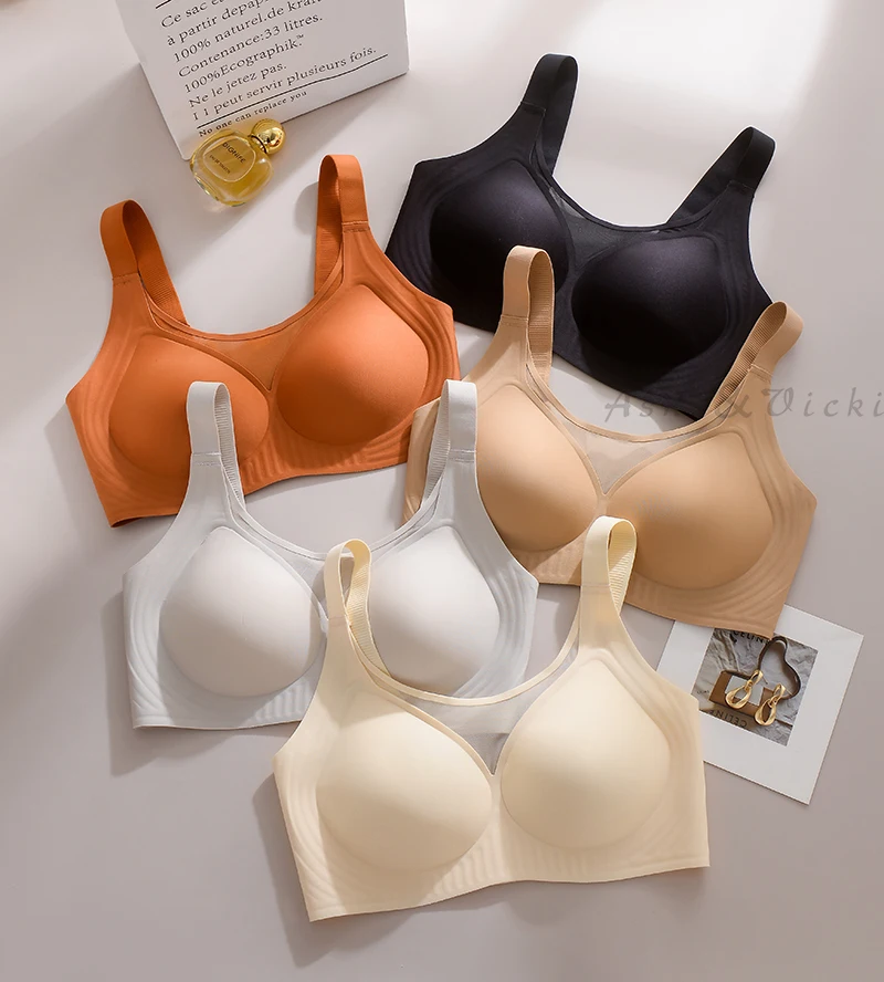 Plus Size Jelly Gum Full Cover Semi Fixed Large Cup Lace Underwear Anti Glare Mesh Woman Bra Comfortable Gathering