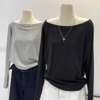 One Shoulder Cotton Slant Shoulder Long Sleeve Women's Clothing Style Interior Wide Truffle Shoulder Base Autumn Winter Shirt 1
