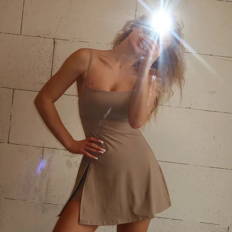 Sexy Split Safety Pants Cross-Border Women's Summer New Dress Mini Skirt Short Sleeve Square Collar Empire Waist Gown