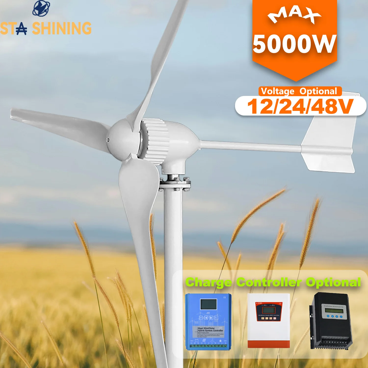 Horizontal Wind Turbine Generator 5000W Max Windmill W/ MPPT Hybrid Charge Solar Wind Off-Grid System 3 Blades