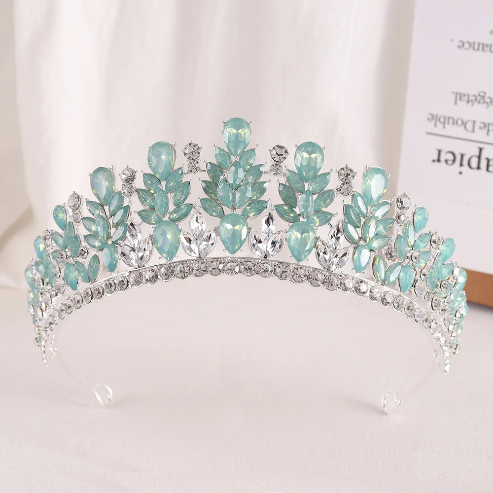 DIEZI Sweet Green Pink Opal Crystal Crown Bridal Headwear