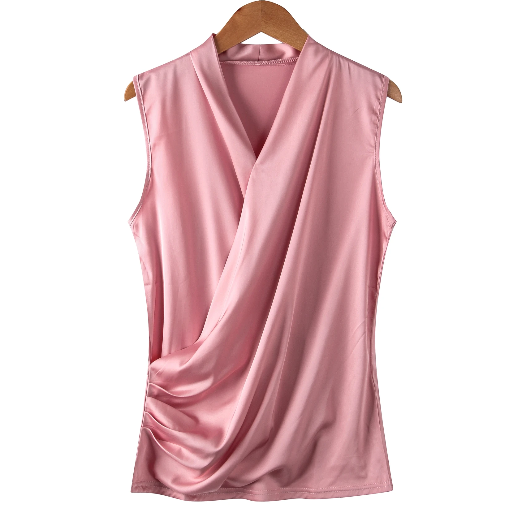 New Smooth Satin Female Sleeveless Blouse V-neck Top Slim Fit Outside Shirts