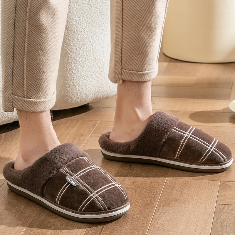 Plaid Memory Foam Winter Plush Warm Non-Slip House Slippers - Large Size for Men - true deals club