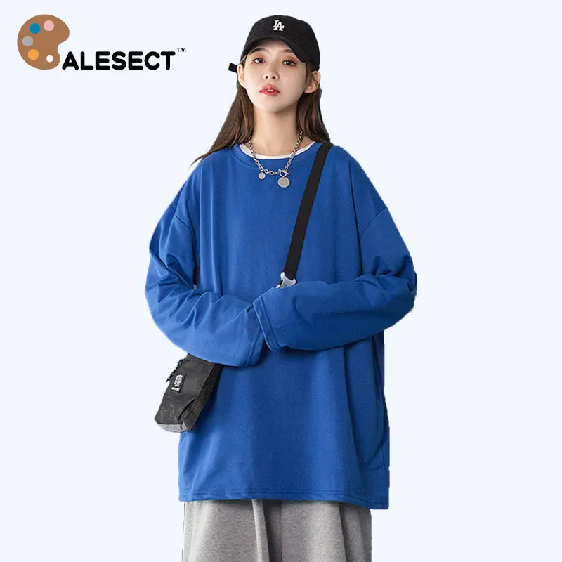 

CALESECT Long Sleeve T Shirt Candy Solid Color Women 2022 Oversized Top Tee Sweatshirts Harajuku Men Unisex Spring Summer Cotton