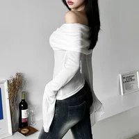 Y2k Aesthetic Simple Fashion Women's Tee Shirts Slash Neck Long Sleeve Solid Casual T-Shirts Vintage Off Shoulder Trendy Tshirts 5