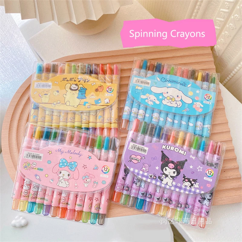

New Sanrio Kuromi Cinnamoroll Rotating Crayon Girls Cartoon Pompompurin Children Oil Paint Stick Paintings Pens Halloween Gifts