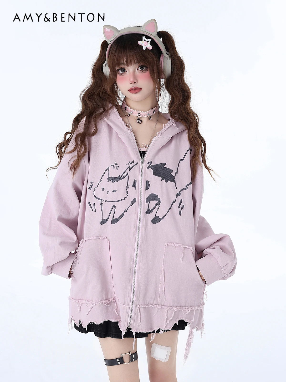 

Preppy Style Sweet Cute Cartoon Printed Cat Ear Hoodies Women Spring Summer New Gothic Oversized Zip Up Hoodie Y2K Sweatshirt