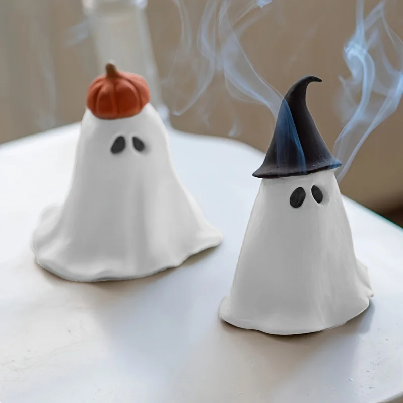 Adorable Halloween Incense Burners: Ghost with Pumpkin Hat & Ghost with Witch Hat Perfect Spooky Decor for a Fun Atmosphere
