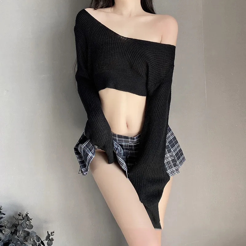 School Girls Uniform Cosplay Lingerie Women Costume Top Sweater With Plaid Skirt Sexy Student Uniform Role Play Porno Outfits women lingerie women lingerie set women cosplay costume