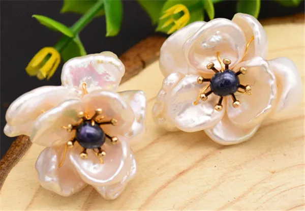 

HABITOO 925 Silver Earrings Black Natural Stone Baroque Pearl Flower Handmade Earrings Ladies Pearl Earrings Gift for Women