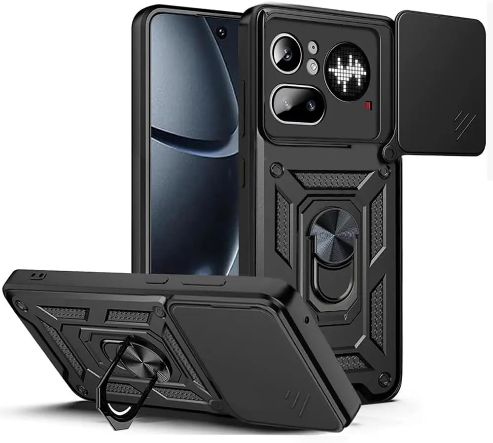 Heavy Duty Shockproof Camera Slider Phone Case with Matte Finish and Ring Holder Kickstand