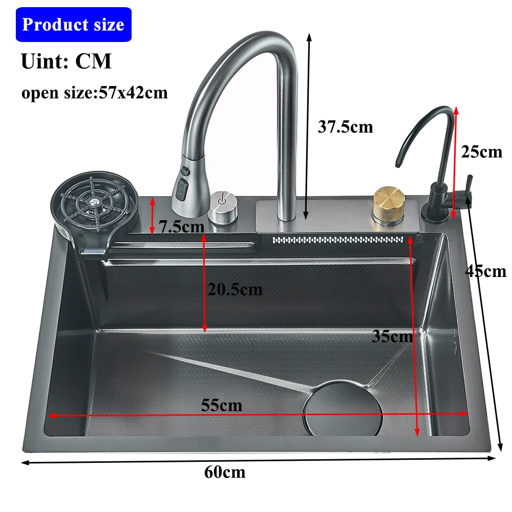 Kitchen Accessories Kitchen Sink Kitchen Sink Faucet Set Waterfall Kitchen Sink 304 Stainless Steel Large Single Slot Integrated Faucet Set Soap Dispenser Cup washer With Fancet