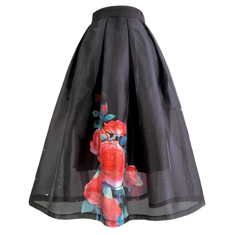 

Women's Runway Fashion Spring Summer Flower Black Organza Skirt Female Autumn Winter High Waist Basic A-Line Skirt TB1182
