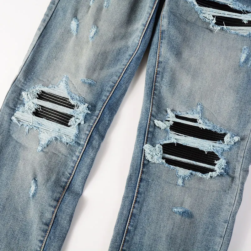 High Street Fashion Men Jeans Retro Blue Stretch Skinny Fit Ripped Jeans Men Leather Patched Designer Hip Hop Brand Pants Hombre