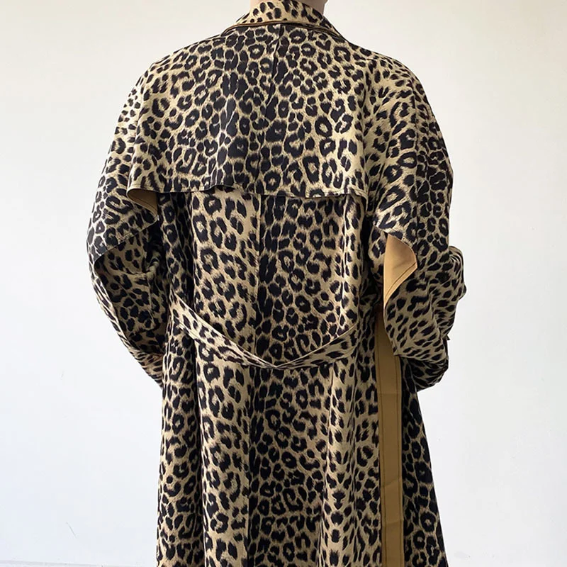 

Leopard Chic Print Trench Coat With Belt Men's 2022 New Loose Lapel Bandage Long Coat Korean Tide Windbreaker Autumn Winter