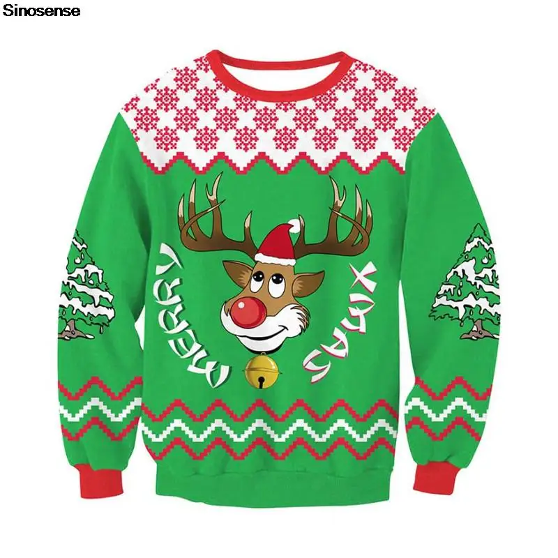 

Men Women Reindeer Ugly Christmas Sweater Xmas Jumper Tops 3D Christmas Tree Snowflakes Print Holiday Party Crew Neck Sweatshirt
