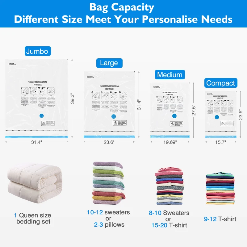 8PCS Vacuum Bags Clothes Storage Bag With Valve Transparent Border