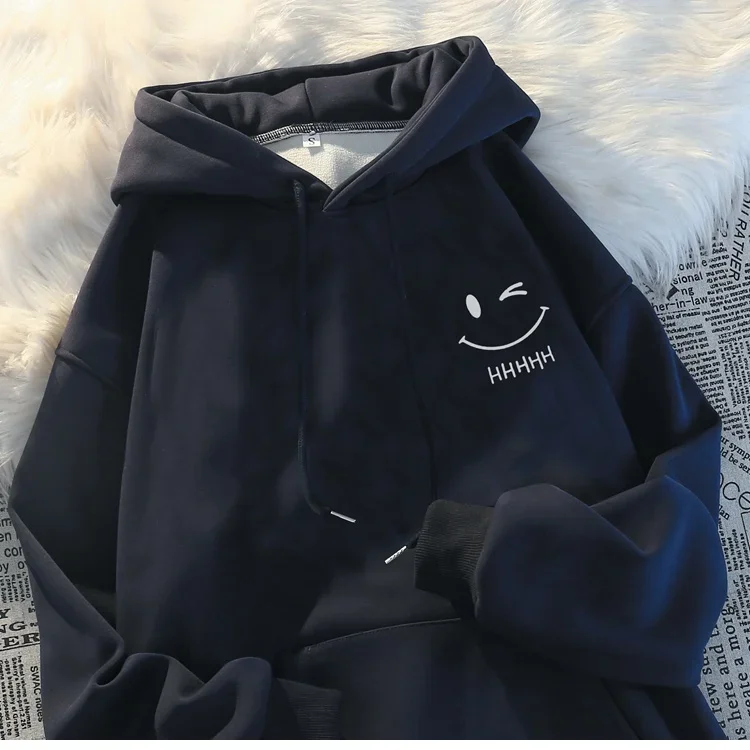 Women's Smiling Face Funny Fashion Couple Hooded Sweater American Heavyweight Loose Thickened Cashmere Boys' Hoodie Pullover Top