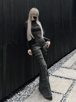 REDDACHiC Acubi mode noir Flare jean rétro moustaches maigre Stretch taille basse poches Cargo pantalon femmes Grunge Alt Streetwear 6