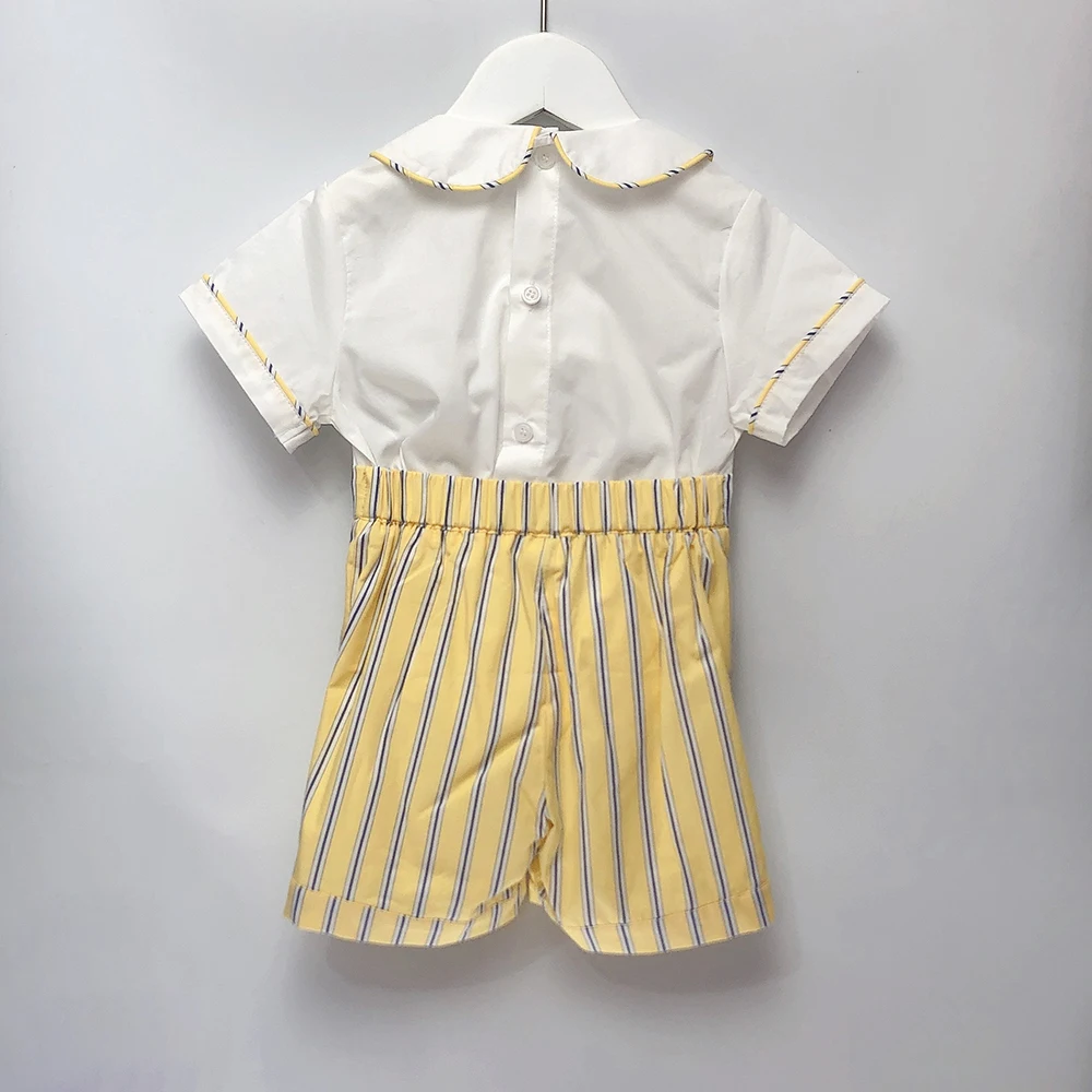 Roupa artesanal de manga curta infantil, conjunto listrado amarelo, roupas boutique, terno de Natal, roupas de Páscoa, meninos, verão