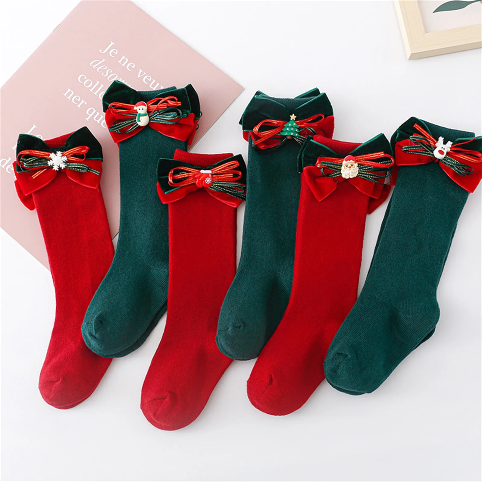 1 Pair Baby Girls Christmas Socks Elastic Bow Princess Socks Breathable Tube Socks for Toddler Infant Clothing Accessories