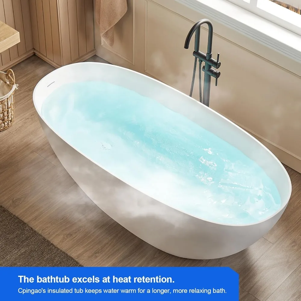 55" Stone Resin Freestanding Bathtub, Oval Contemporary Soaking Tubs, Solid Surface Stand Alone Tub