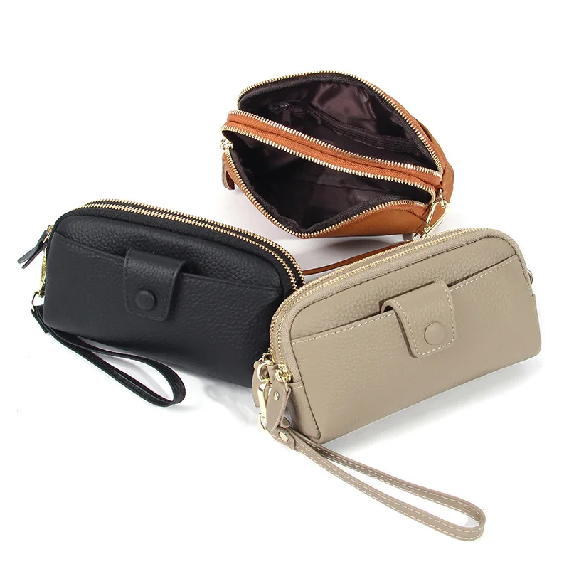 Genuine Leather Women's Long Wallet with Double Zipper and Chain for Phone