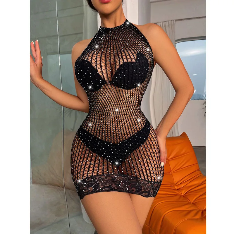 

2022 New Crystal Diamond Sexy Bodycon Dress Women Hollow Out Mini Dress Summer Hollow Out Mesh Beach Dress Party Vestidos
