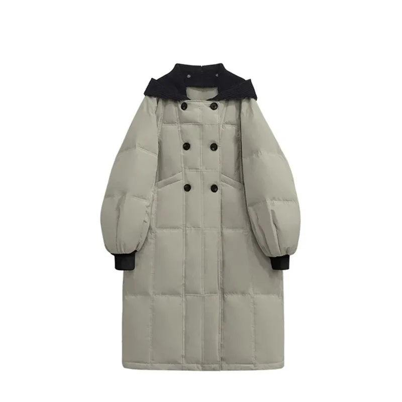 Long White Down Jacket Women's Winter Double Breasted Loose Over Knee Coat Down Jacket Detachable Knit Cap
