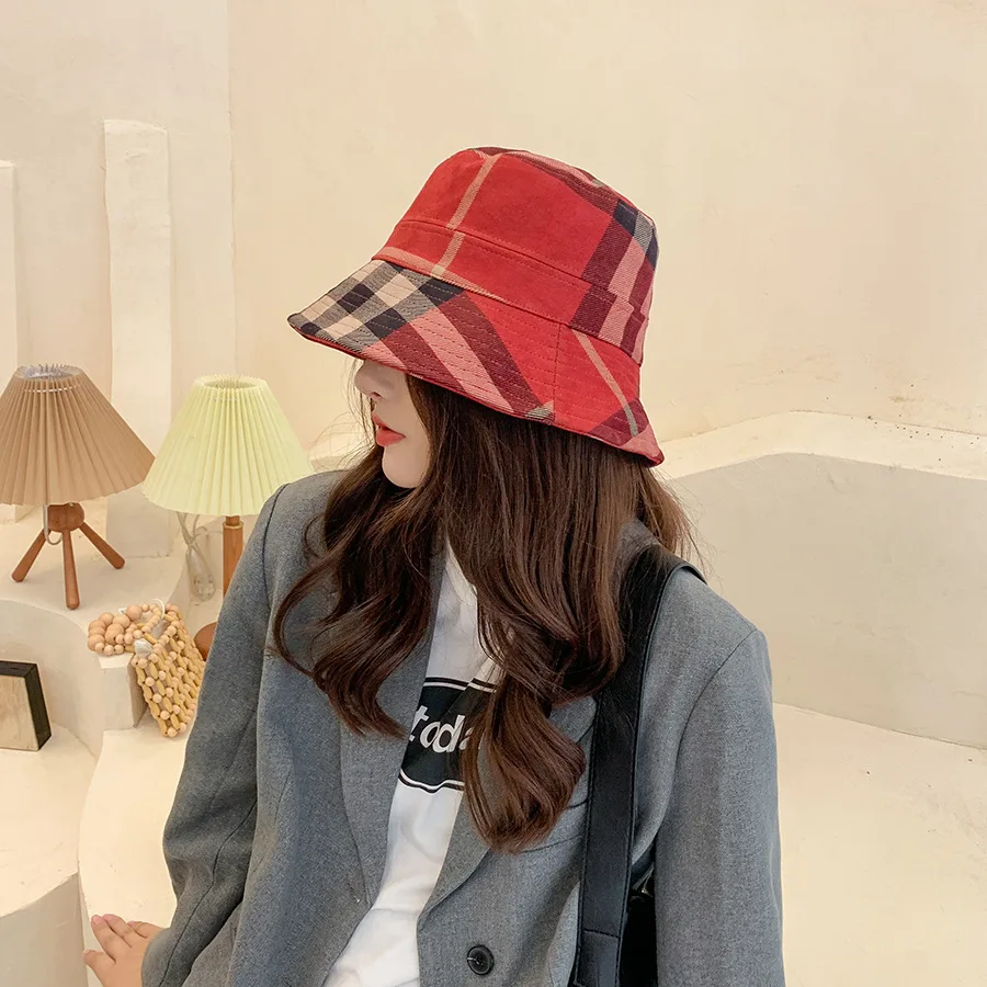 Women Sun Hat Fishing Sun Hat Plaid Colourful Fisherman's Hat Women Korean Suede Basin Hat Casual Foldable Warm Fashionable Soft 56-58cm