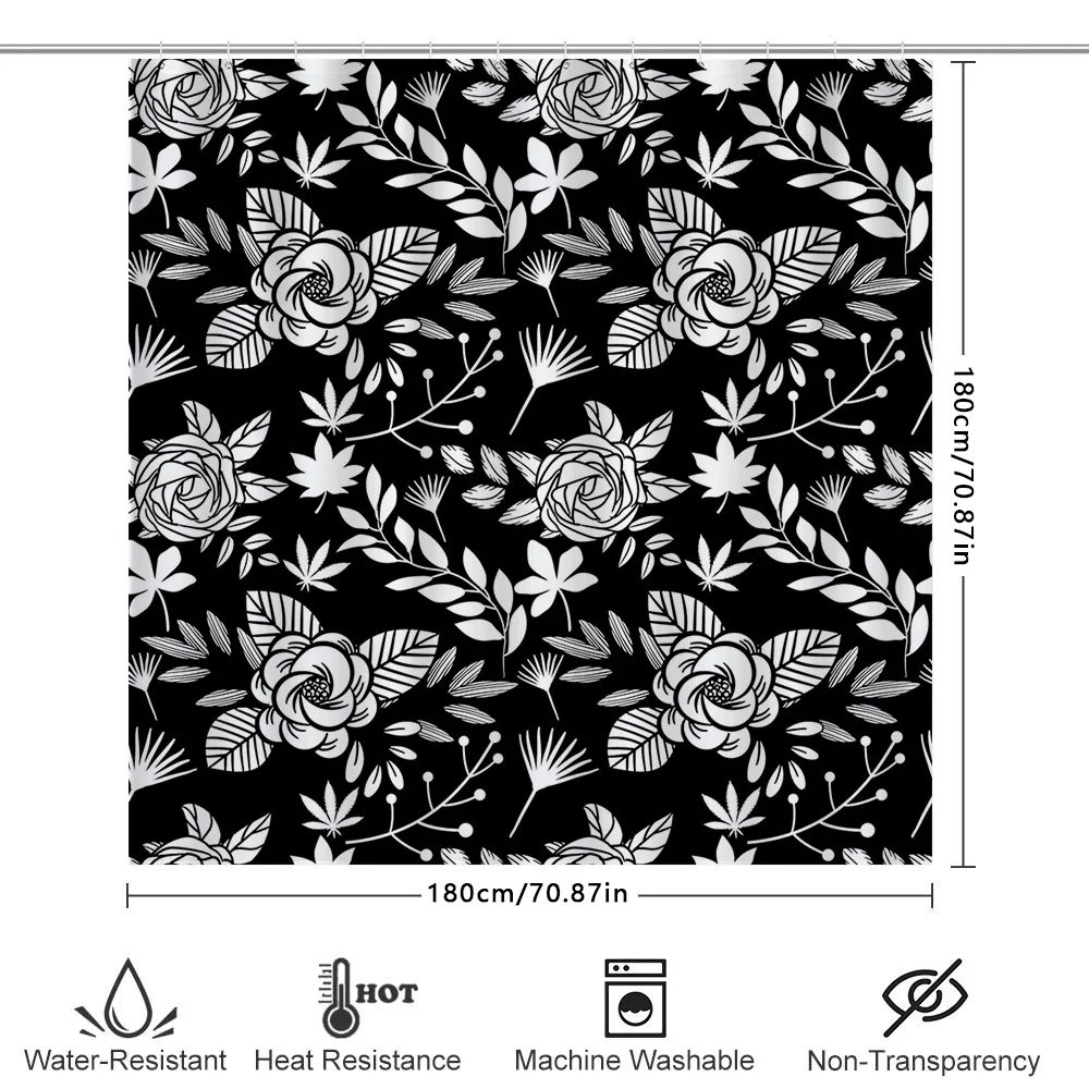 Black White Floral Shower Curtain Fabric Decor for Bathroom Extra Long Size Customize Option Available 6