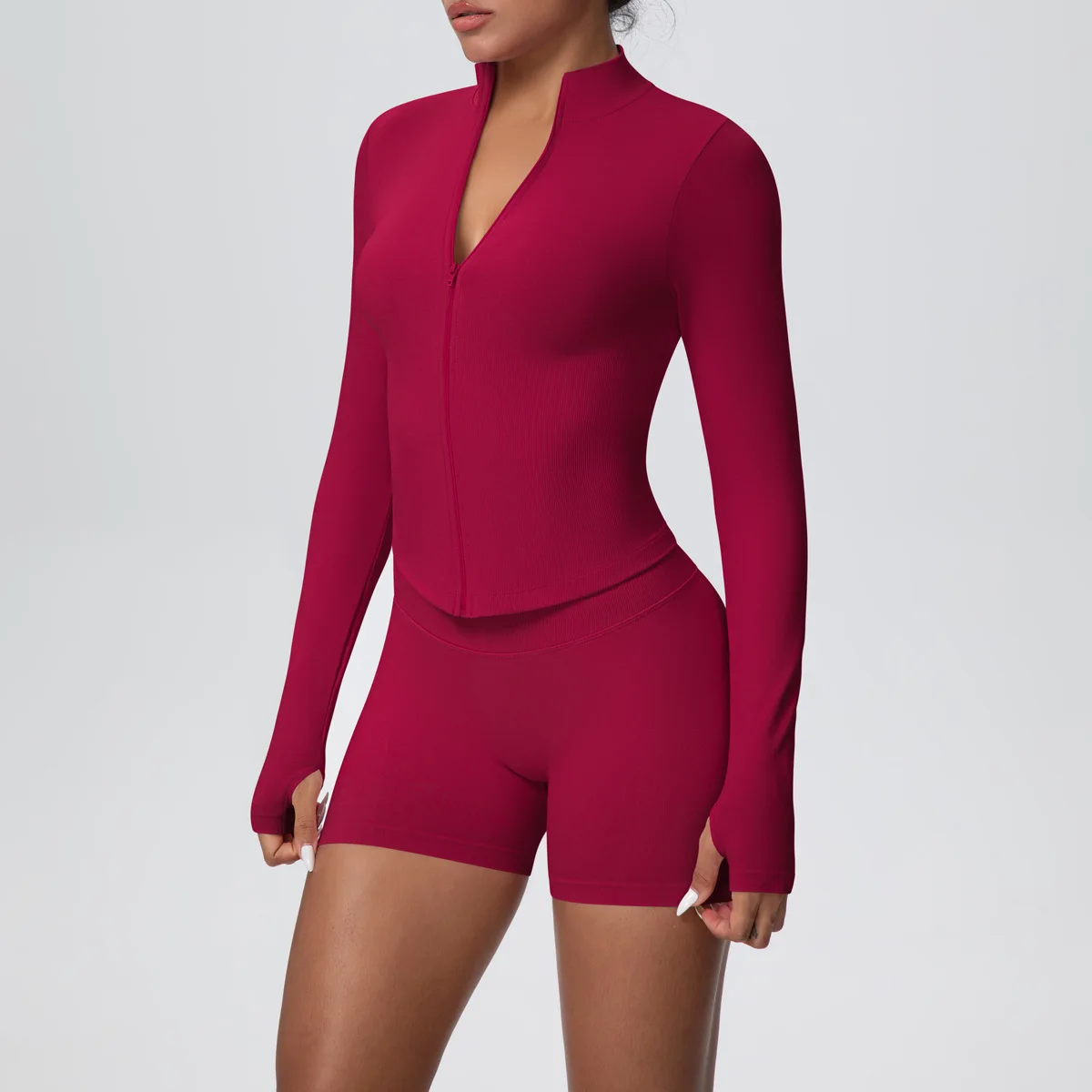 Women Gym Set - Seamless Yoga Suit With Zip Shirt & Cycling Shorts Activewear