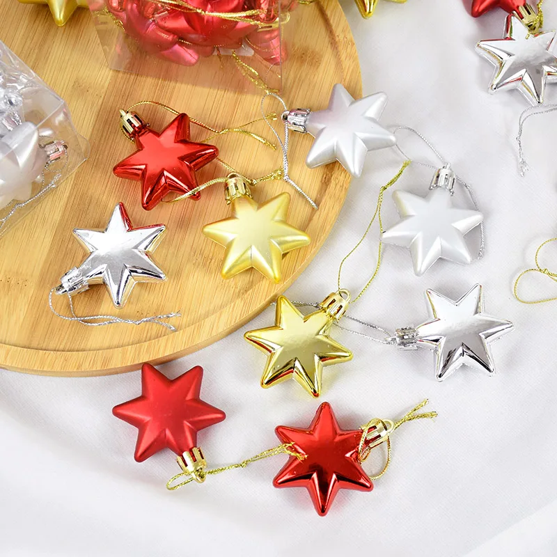 12Pcs Gold Star Christmas Tree Ornaments Ball Xmas Tree Hanging Pendant 2024 Christmas Decoration For Home Navidad New Year Gift