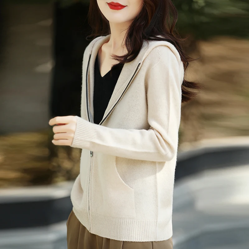Thickened Women's Cardigan With Long Sleeves  Pockets Hood Fashionable Autumn Winter No Stitching  100% Wool Sweater Girl Tops 4