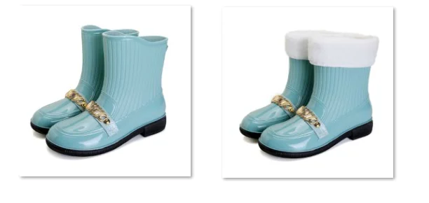 Neue Mittlere Waden Regen Stiefel frauen Original Marke Metallic Galoschen Frau Trendy Rainshoes Damen Plüsch Gefüttert Wasser Schuhe Niedrigen absätzen – Detail 1