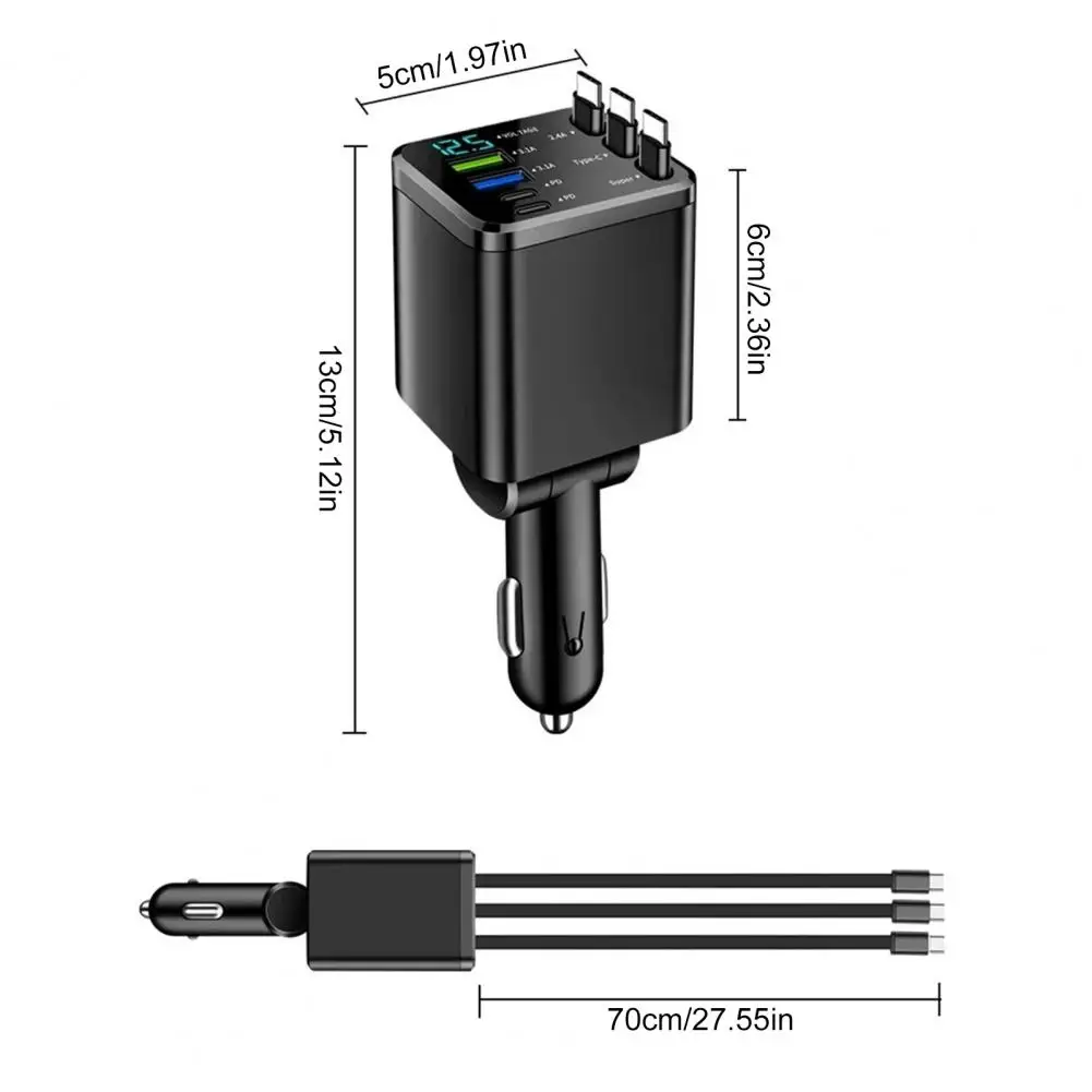 Caricabatterie Auto Retrattile 7-in-1 con Ricarica Rapida, Display Digitale, 2 Porte USB, 2 Porte Type-C, 3 Cavi e Alimentatore - immagine 6