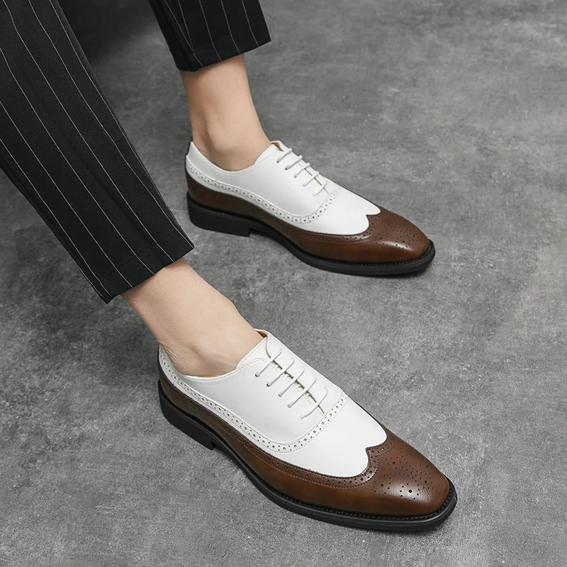 Men Wingtip Detail Dress Shoes Business Two Tone Oxford Shoes For Wedding party