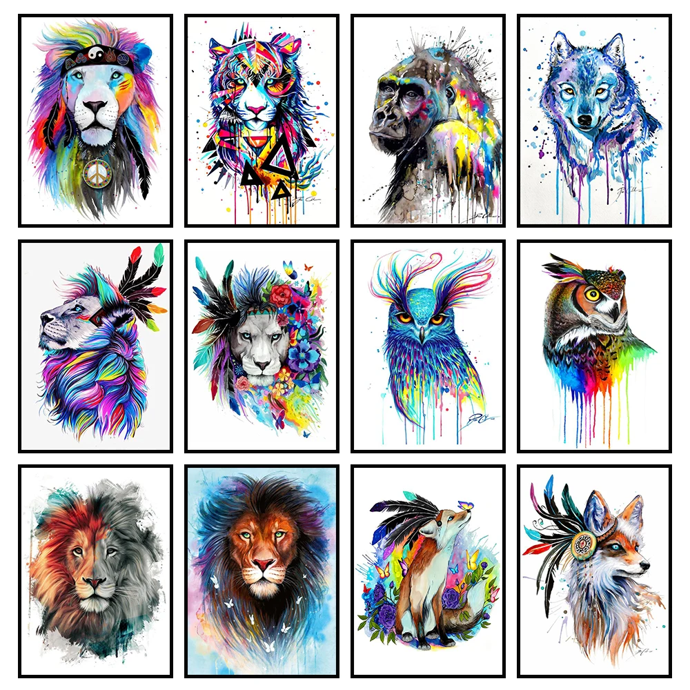 

Watercolor Animal Abstract Wall Art Poster Graffiti Lion Fox Tiger Home Decor Canvas Painting Living Room Mural Prints Pictures