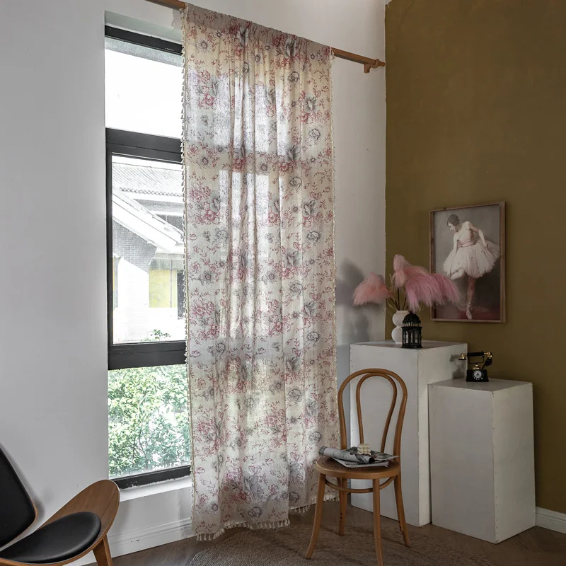 

Boho Cotton Linen Tassel Window Curtains, Farmhouse Floral Curtain Panels, Semi Blackout, Country Style for Living Room, TJ7072