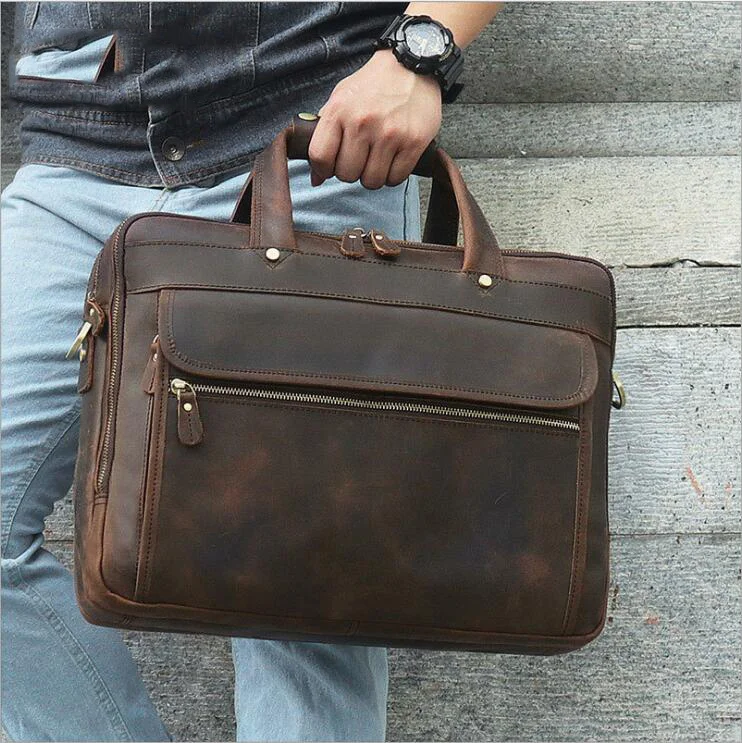 

Genuine Leather Handbags Laptop Shoulder Bags 15 16 17 Inch Computer Zipper PC large man briefcase real leather