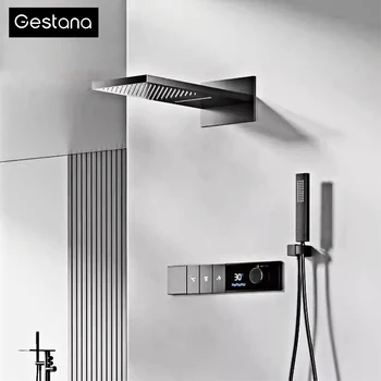 Sistema doccia termostatico incorporato in ottone di lusso canna di fucile con display a LED, montaggio a parete a pioggia e portatile per rubinetto caldo/freddo del bagno 1