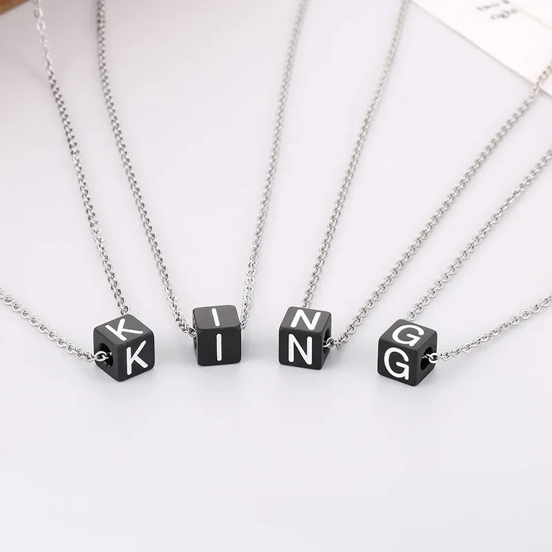 

26 Letter Black Block Bead Minimalist Design Stainless Steel Silver Necklace DIY Spacer Bead Accessories for Men Women Jewelry