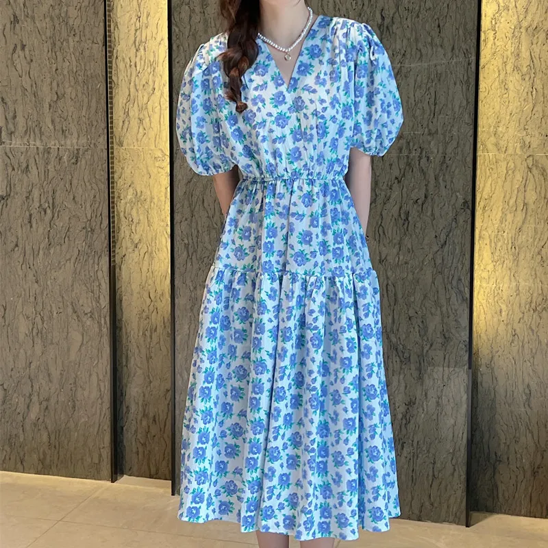 

Elegant V-neck A Line Floral Women Dress Summer Holiday Printed Vintage Mid Dresses Women Casual Loose Party Dress Robe 28097