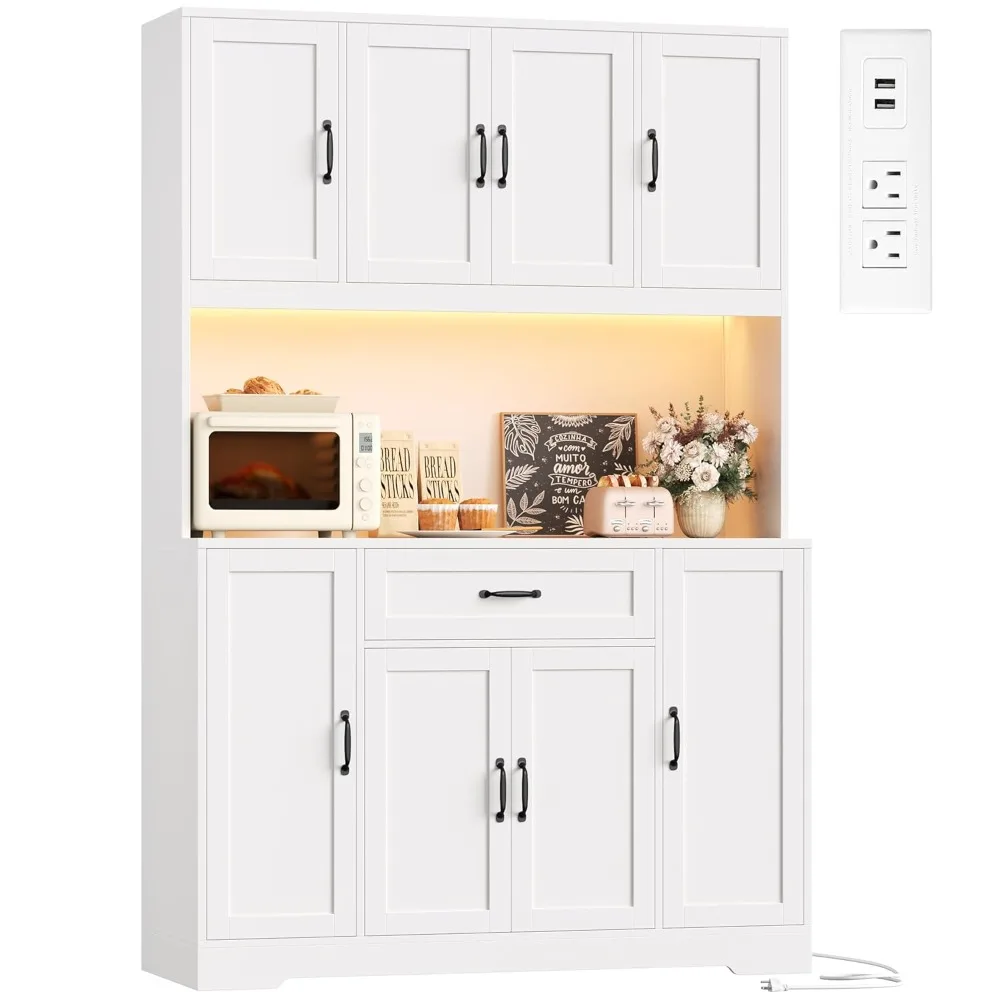 70" LED Kitchen Pantry Cabinet with Charging Station, 47" Wide Pantry Storage Cabinet with Large Microwave Stand, Customized 6