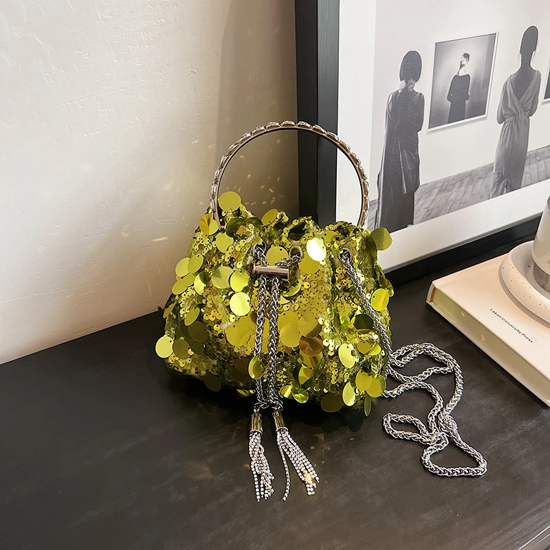 Sequin Glitter Bucket Bags for Women 2024 New Chain Party Luxury Handbag Individuality Fashion Evening Small Shoulder Bag Woman