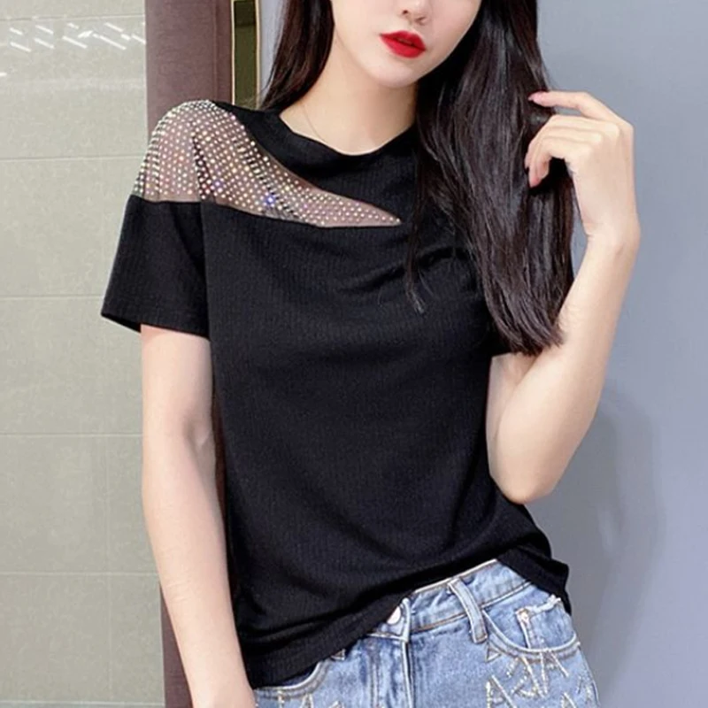 Loose Green Hollow Out Lace Patchwork T Shirts Summer main image 1