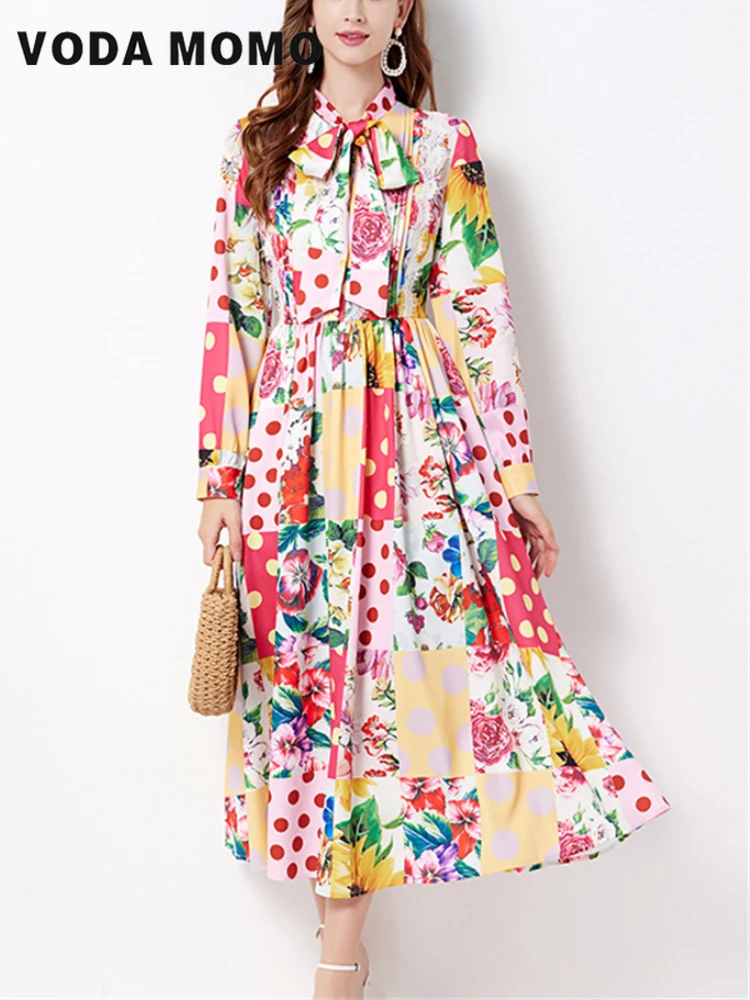 

Spring Autumn Versatile Korean Bow and Lace Splice Fairy Swing Dress High Waist Pleated Print Dress Artistic Style Gentle Wind