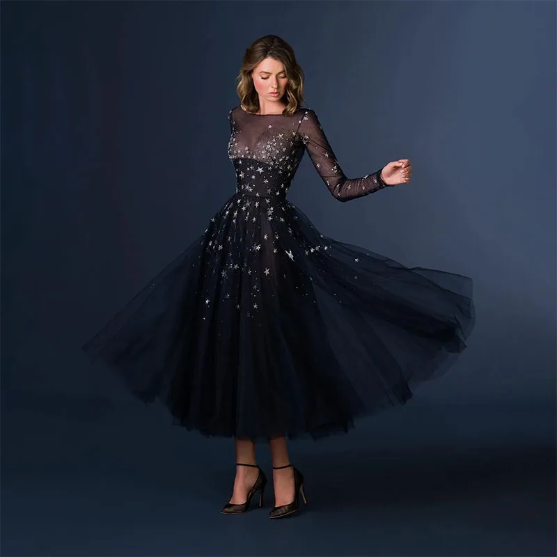 

Elegant Black Prom Dresses Long Sleeve Star Beading Party Dress Tulle A Line Evening Gowns Formal vestido de noche