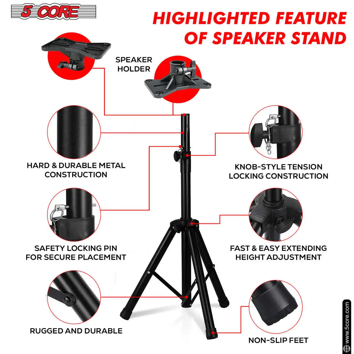 5 Core Speaker Stand Tripod Floor Adjustable Up to 48 Inch DJ Studio Monitor Stands Pole Mount Pair-SS HD 2PK 4FT WB
