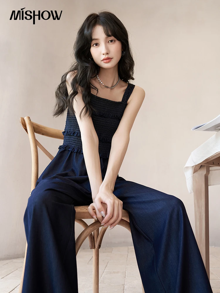 MISHOW Suspender Jumpsuit 2023 Summer Lmitation Denim High Waist Elastic Ruffles Wide Leg Pants Full Length Jumpsuit MXC38K0079